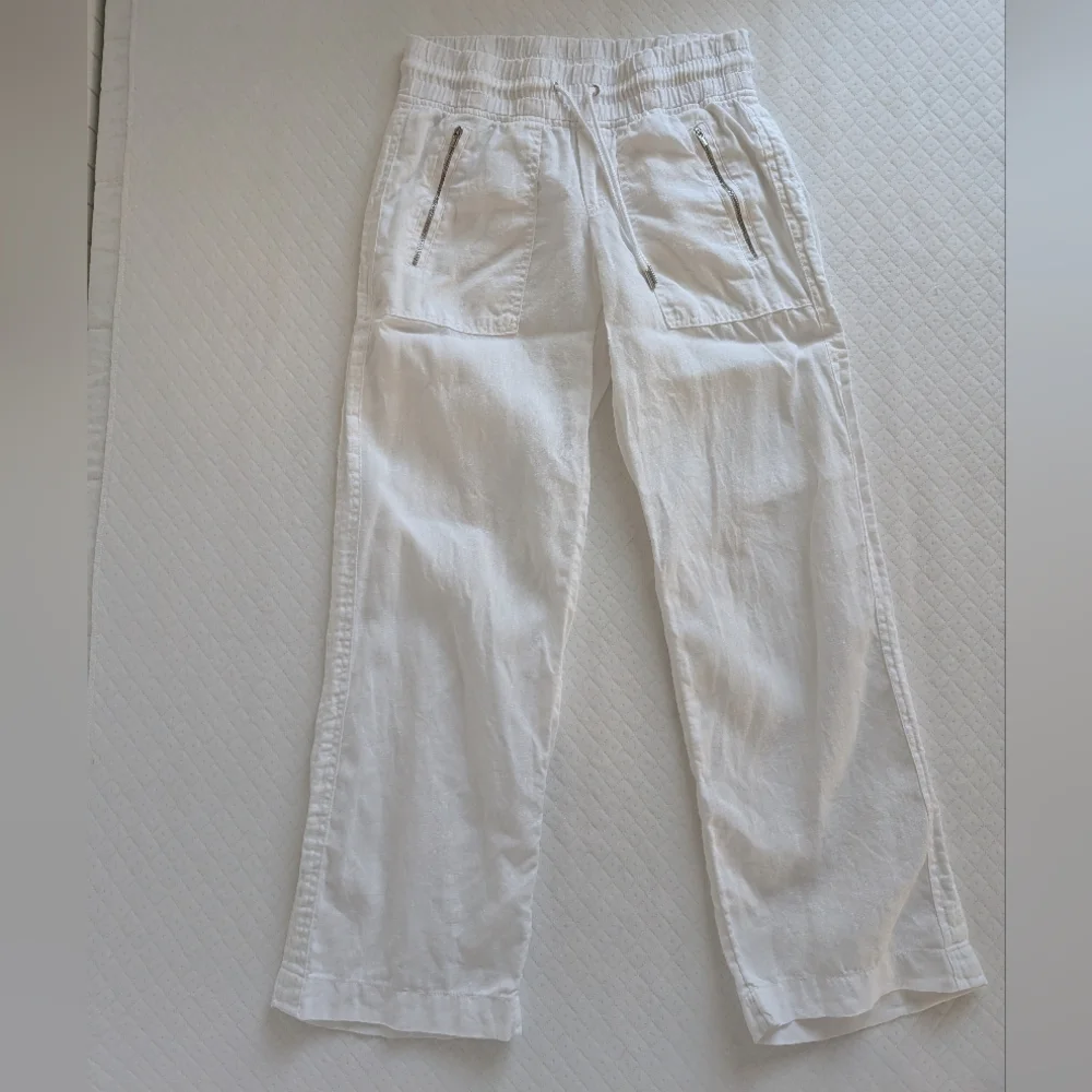 Athleta Cabo 100% Linen Wide Leg Pants Elastic waist Zip pockets, White, size 0 - Picture 8 of 15